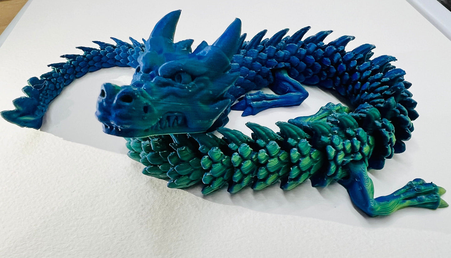 Articulated Dragon - Original Design | Emerald Blue Dragon (Blue Yellow ) | 3D Printed | Toy | Flexible | Fidget | Lucky Charm